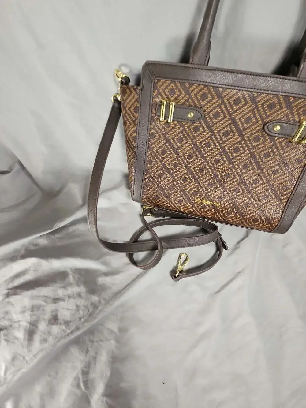 Liz Claiborne Geometric Print Brown Satchel Handbag w Detachable Shoulder Strap